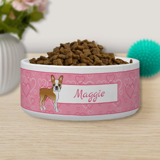 Fawn Boston Terrier Dog On Pink Hearts And Name Bowl