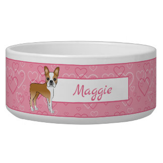 Fawn Boston Terrier Dog On Pink Hearts And Name Bowl
