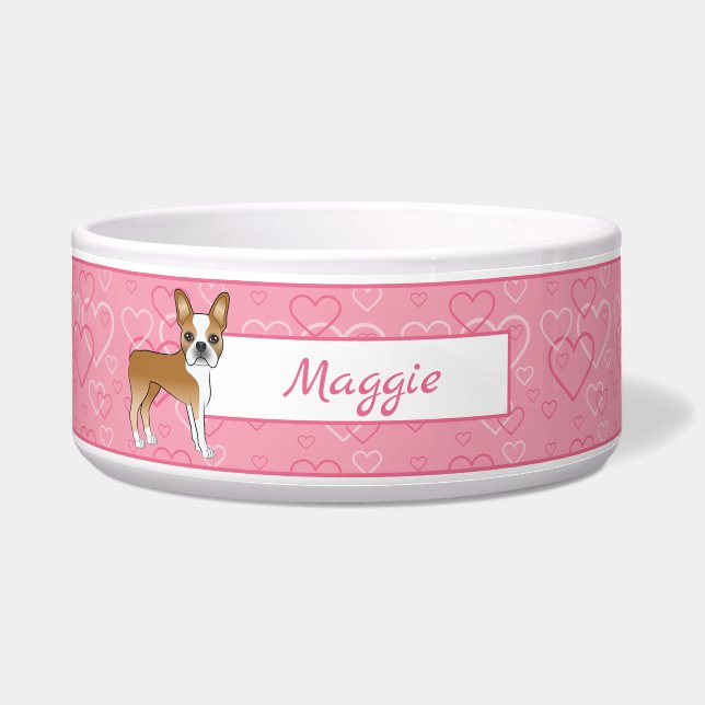 Fawn Boston Terrier Dog On Pink Hearts And Name Bowl (Front)
