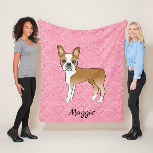 Fawn Boston Terrier Dog On Pink Hearts And Name Fleece Blanket