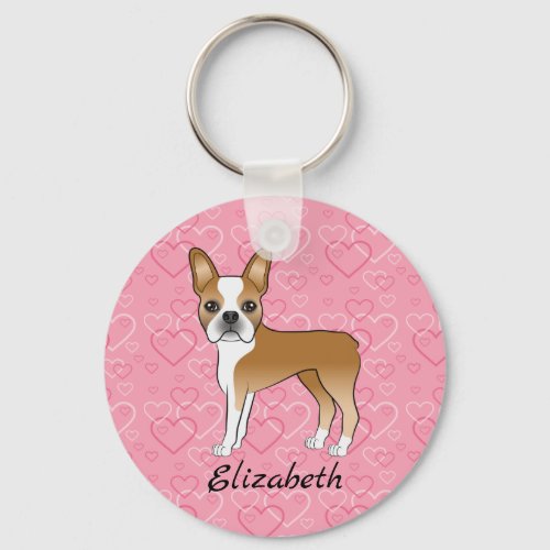 Fawn Boston Terrier Dog On Pink Hearts And Name Keychain