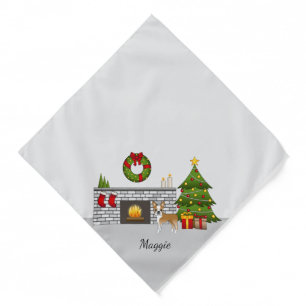 Fawn Boston Terrier In A Festive Christmas Room Bandana