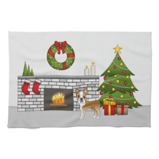 Fawn Boston Terrier In A Festive Christmas Room Kitchen Towel