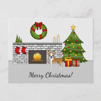 Fawn Boston Terrier In A Festive Christmas Room Postcard