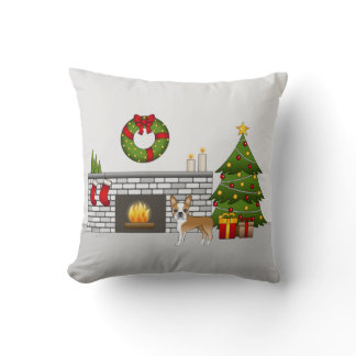 Fawn Boston Terrier In A Festive Christmas Room Throw Pillow