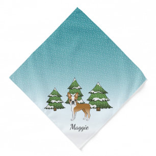 Fawn Boston Terrier In A Winter Forest & Name Bandana