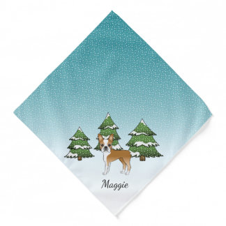 Fawn Boston Terrier In A Winter Forest &amp; Name Bandana