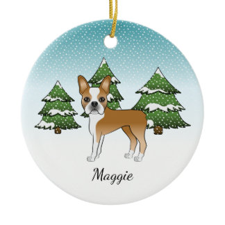 Fawn Boston Terrier In A Winter Forest &amp; Name Ceramic Ornament