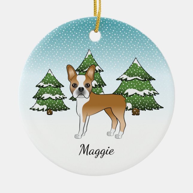 Fawn Boston Terrier In A Winter Forest & Name Ceramic Ornament (Front)