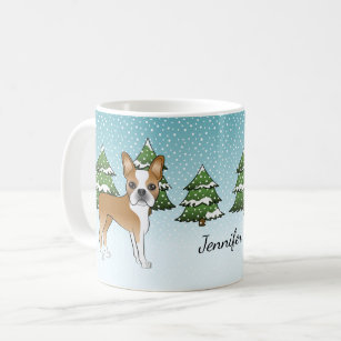 Fawn Boston Terrier In A Winter Forest & Name Coffee Mug