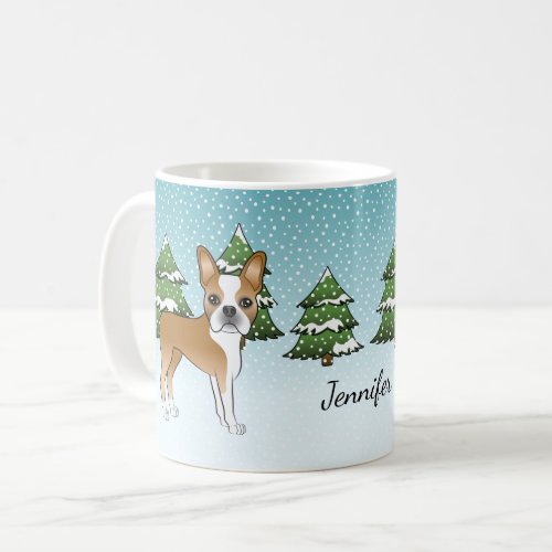 Fawn Boston Terrier In A Winter Forest  Name Coffee Mug