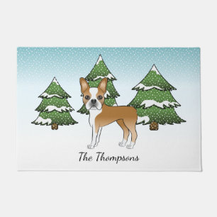 Fawn Boston Terrier In A Winter Forest & Name Doormat