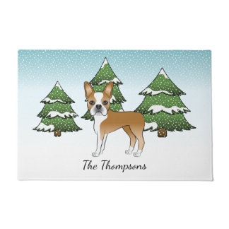 Fawn Boston Terrier In A Winter Forest &amp; Name Doormat