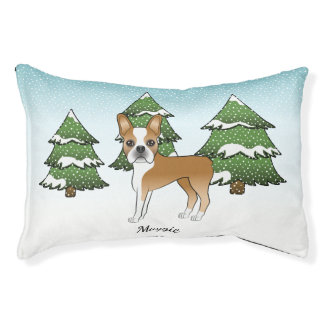 Fawn Boston Terrier In A Winter Forest &amp; Name Pet Bed