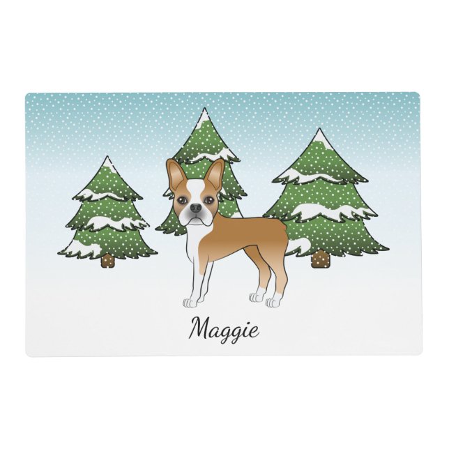 Fawn Boston Terrier In A Winter Forest & Name Placemat (Front)