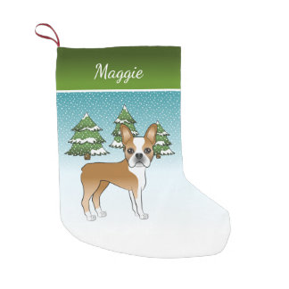 Fawn Boston Terrier In A Winter Forest &amp; Name Small Christmas Stocking