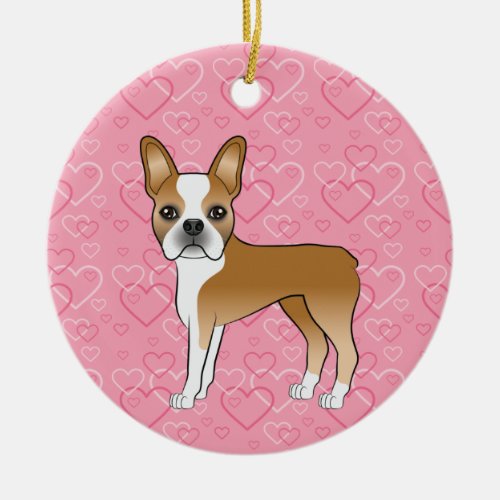 Fawn Boston Terrier On Pink Hearts Pet Memorial Ceramic Ornament