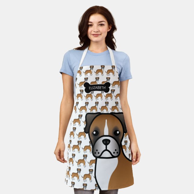 Fawn Boxer Cute Cartoon Dog & Name Apron (Worn)