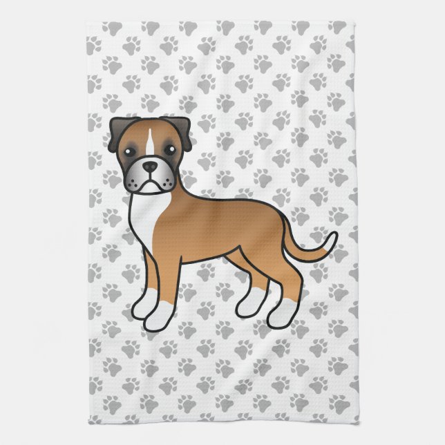 Fawn Boxer Cute Cartoon Dog & Paws Kitchen Towel (Vertical)