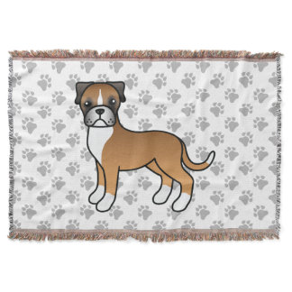 Fawn Boxer Cute Cartoon Dog &amp; Paws Pattern Throw Blanket
