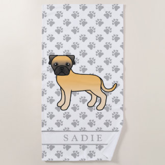 Fawn Bullmastiff Cute Cartoon Dog &amp; Name Beach Towel