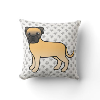 Fawn Bullmastiff Cute Cartoon Dog &amp; Paws Throw Pillow