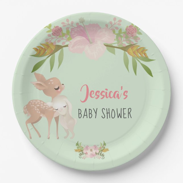 Fawn & Bunny Personalized Baby Shower Paper Plates (Front)