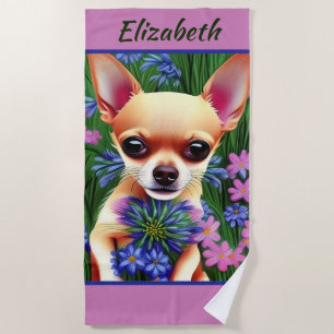 Fawn Chihuahua Puppy in Flower Meadow Personalized Beach Towel