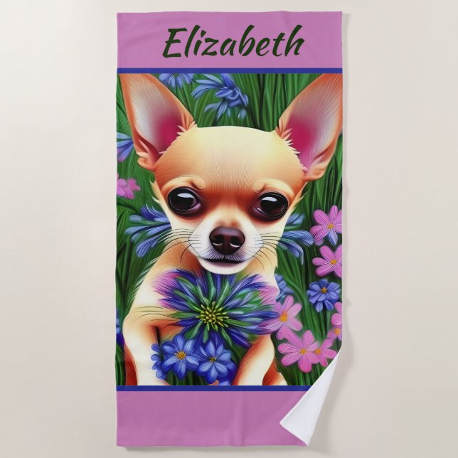 Fawn Chihuahua Puppy in Flower Meadow Personalized Beach Towel (Front)