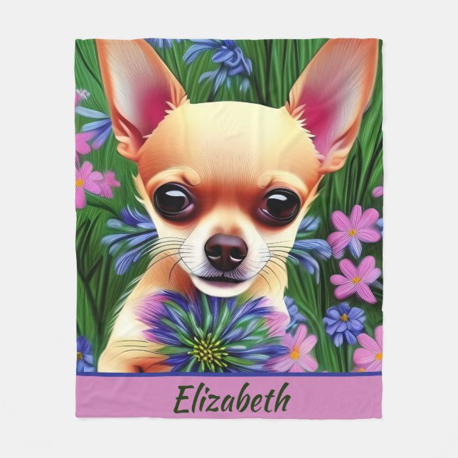 Fawn Chihuahua Puppy in Flower Meadow Personalized Fleece Blanket (Front)