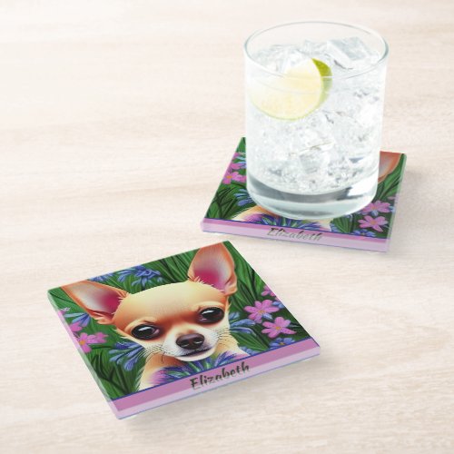 Fawn Chihuahua Puppy in Flower Meadow Personalized Glass Coaster