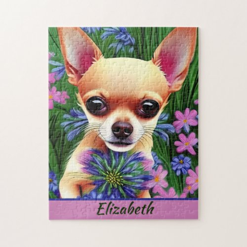 Fawn Chihuahua Puppy in Flower Meadow Personalized Jigsaw Puzzle