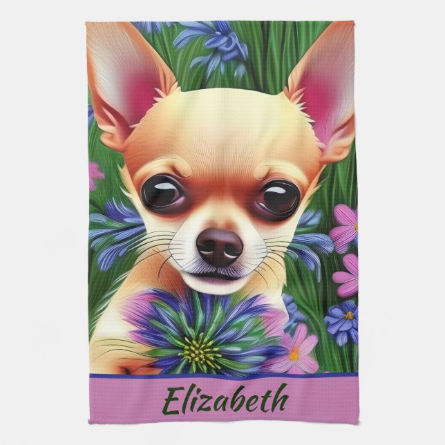 Fawn Chihuahua Puppy in Flower Meadow Personalized Kitchen Towel (Vertical)