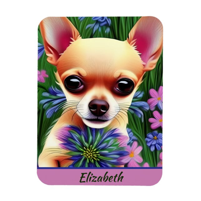 Fawn Chihuahua Puppy in Flower Meadow Personalized Magnet (Vertical)