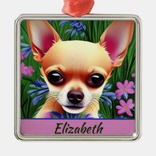 Fawn Chihuahua Puppy in Flower Meadow Personalized Metal Ornament