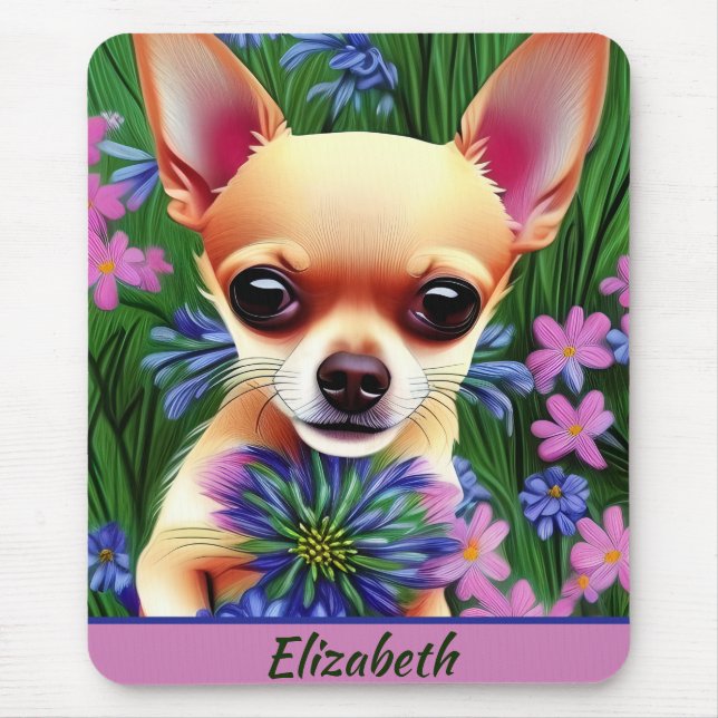 Fawn Chihuahua Puppy in Flower Meadow Personalized Mouse Pad (Front)