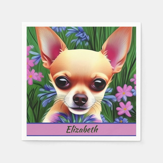 Fawn Chihuahua Puppy in Flower Meadow Personalized Napkins (Front)