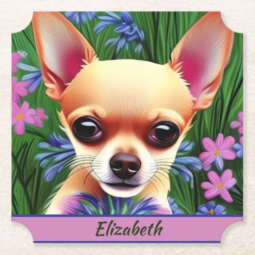 Fawn Chihuahua Puppy in Flower Meadow Personalized Paper Coaster