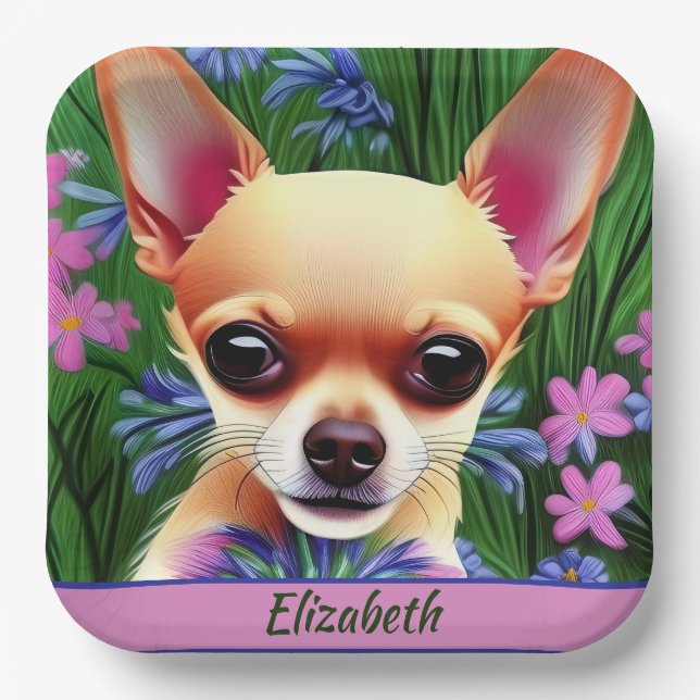 Fawn Chihuahua Puppy in Flower Meadow Personalized Paper Plates (Front)