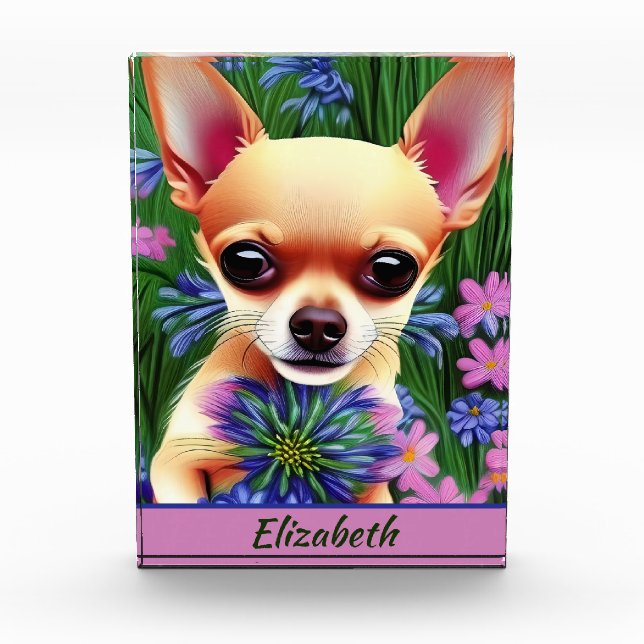 Fawn Chihuahua Puppy in Flower Meadow Personalized Photo Block (Front)