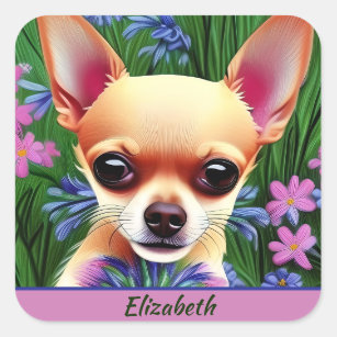 Fawn Chihuahua Puppy in Flower Meadow Personalized Square Sticker