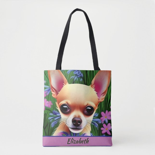 Fawn Chihuahua Puppy in Flower Meadow Personalized Tote Bag (Front)