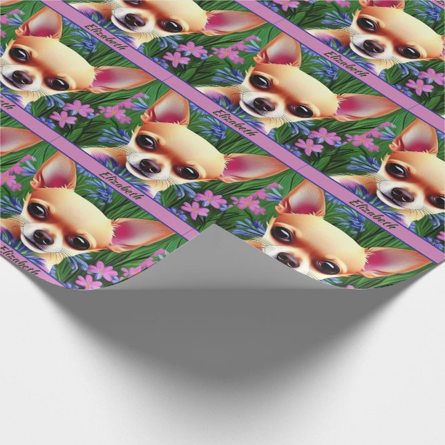 Fawn Chihuahua Puppy in Flower Meadow Personalized Wrapping Paper (Corner)