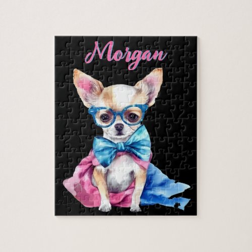 Fawn Chihuahua Puppy Wearing Glasses w Name Jigsaw Puzzle
