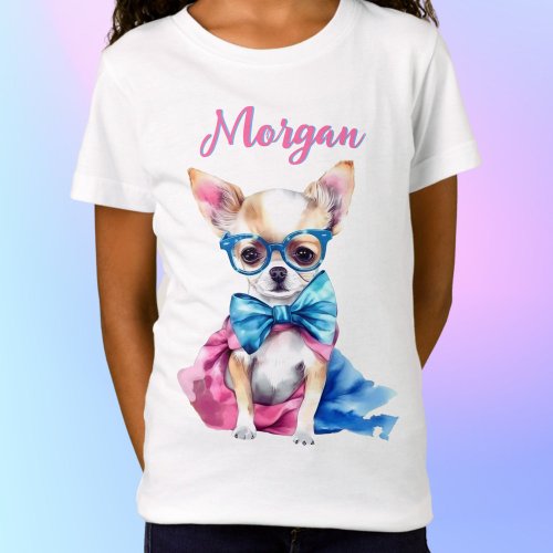 Fawn Chihuahua Puppy Wearing Glasses w Name T_Shirt