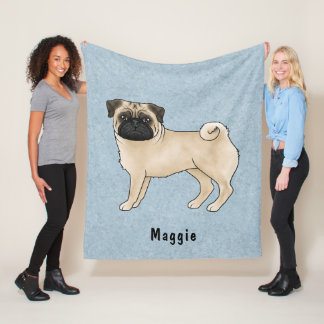 Fawn Coat Color Pug Dog With Custom Name Blue Fleece Blanket