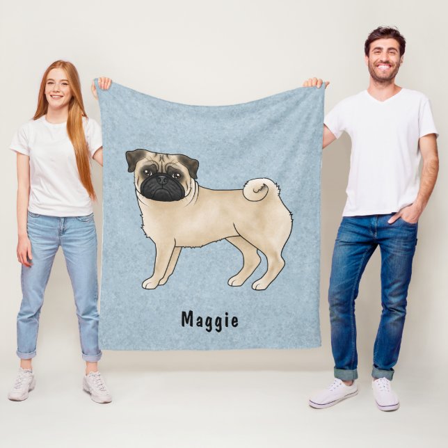 Fawn Coat Color Pug Dog With Custom Name Blue Fleece Blanket (In Situ)