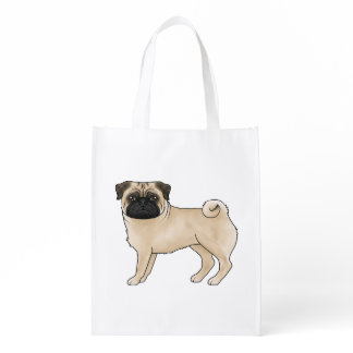 Fawn Color Cute Cartoon Pug Dog Breed Illustration Grocery Bag