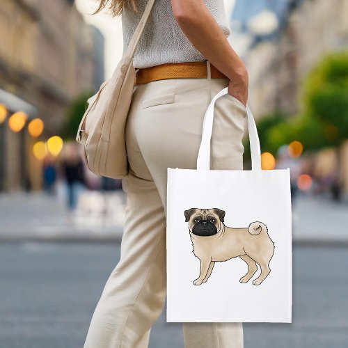 Fawn Color Cute Cartoon Pug Dog Breed Illustration Grocery Bag