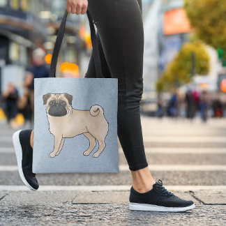 Fawn Color Cute Pug Mops Cartoon Dog Breed Blue Tote Bag